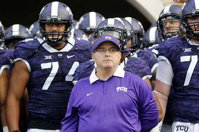 TCU coach Gary Patterson prepares to lead his team onto the field against SMU. The Frogs won, 56-37. (Photos by Sharon Ellman)