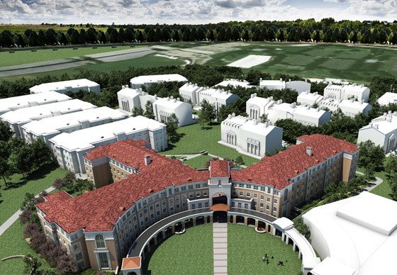 A rendering of the proposed Greek Village (in white) in Worth Hills campus. Image courtesy KSQ Architects