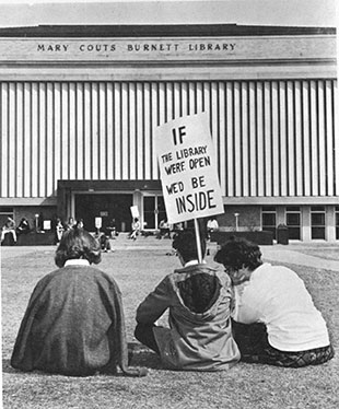 library protest, TCU protest, libraries used to be closed on Sundays, effective protests