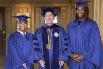 Chancellor Victor J. Boschini, Jr. (center) with Carson Huey-You, TCU's youngest graduate, and Caylin Moore, student-athlete and TCU's second Rhodes Scholar. Photo by Glen E. Ellman