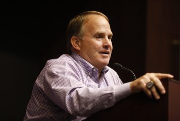 Gary Patterson speaks at a press conference. Photo by Sharon Ellman