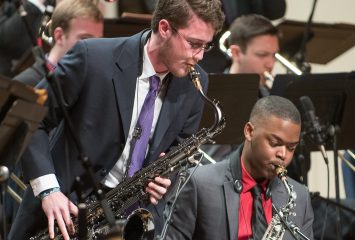 Bachelor of Music Education students Derek Hoel (left) and Brandon Barrett (right) perform at the 40th annual TCU Jazz Festival in March. The festival featured two-time Grammy-nominated arranger and jazz trombonist, John Fedchock. Curt Wilson was honored for creating the festival, which has attracted more than 20,000 players to TCU’s campus since it began in 1978. Photo by Glen Ellman