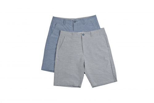 Product photo for Devereux, a clothing company started by brothers Robert ('11) and Will ('03) Brunner. Shown: Cruiser Hybrid shorts, in colors Tidal and Steel. Photo courtesy of Devereux