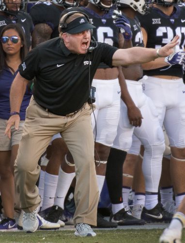 Head coach Gary Patterson directs from the sidelines at TCU's matchup with West Virginia. Photo by Glen E. Ellman