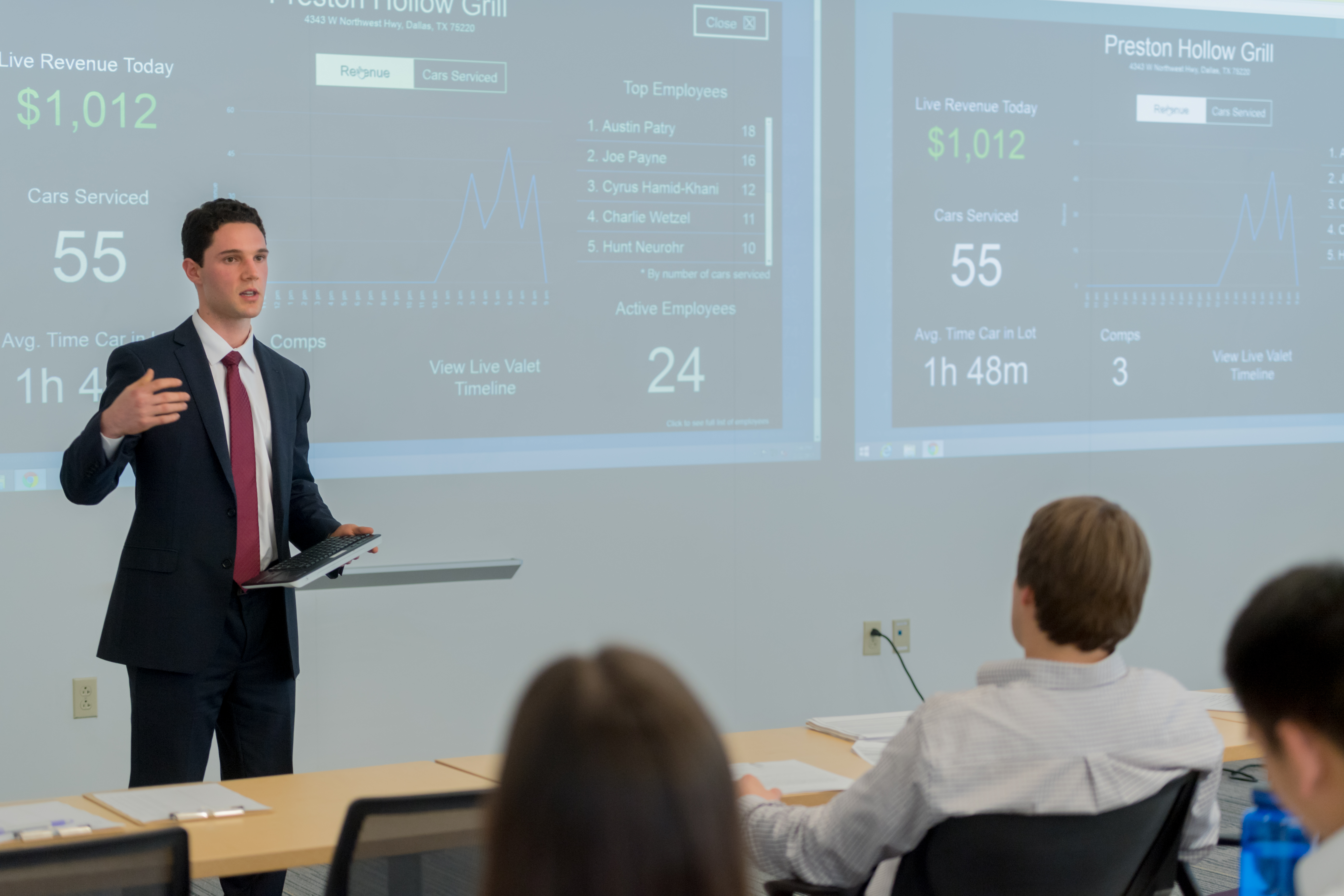 Austin Patry ’17 pitched a business plan for a valet service app to student investors who made funding decisions as part of the Entrepreneurial Venture Deals class in the Neeley School of Business. Photo by Leo Wesson