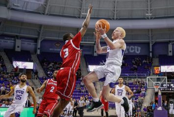 Jaylen Fisher leaps for a basket during the November 15 game against South Dakota in Schollmaier Arena. Photo courtesy of TCU Athletics/Ellman Photography