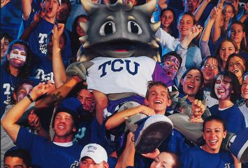 Gorland Mar’s iteration of SuperFrog crowd surfs at a football game. TCU archives photo