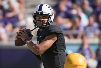 Quarterback Kenny Hill scans the gridiron for a receiver during the game against West Virginia. On Saturday, Hill released the ball as fast as 0.6 seconds. Photo by Glen E Ellman