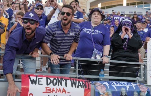 TCU fans cheer in the stands during the Oct. 7 football game against West Virginia. Photo by Glen E. Ellman