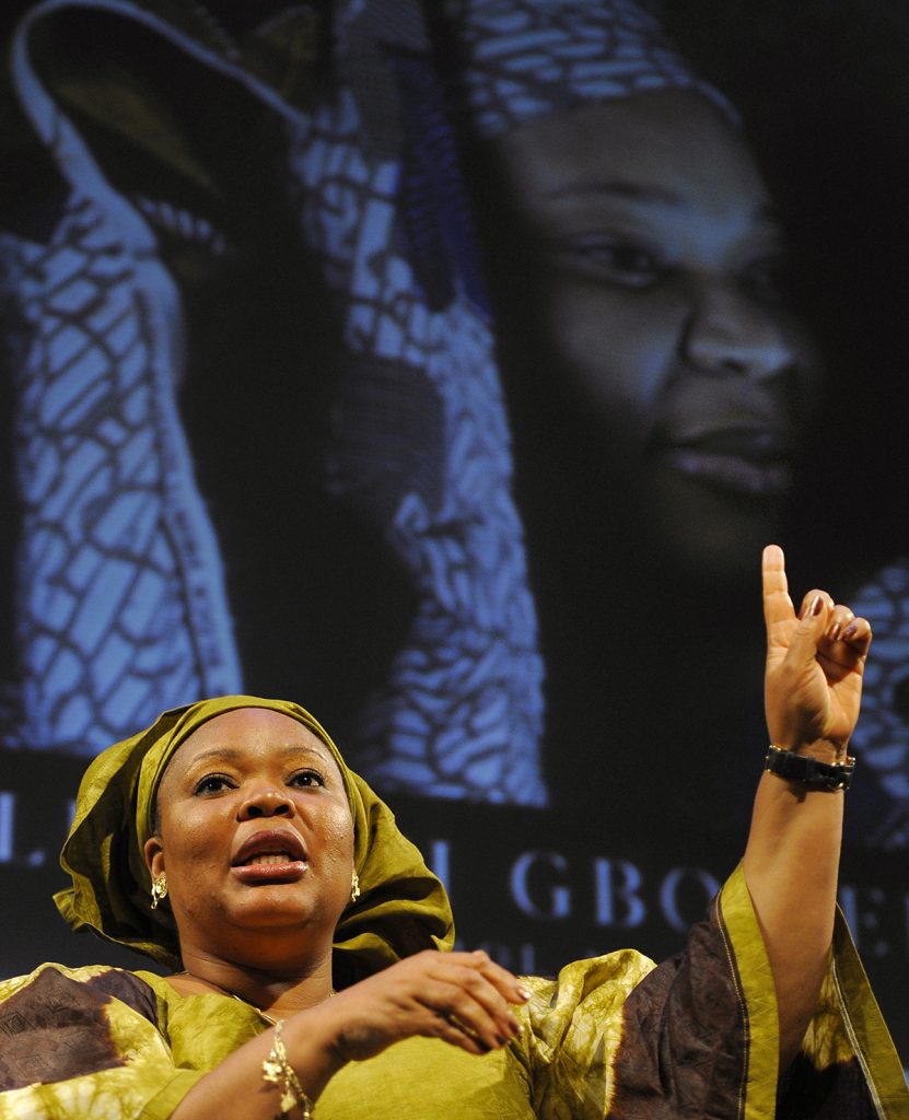 Leymah Gbowee addresses the Columbia Business School Social Enterprise Conference on Oct. 7, 2011, at Columbia University in New York. The address took place after she was jointly awarded the Nobel Peace Prize with Liberian President Ellen Johnson Sirleaf and Yemeni journalist and activist Tawakkul Karman. Getty Images © TIMOTHY A. CLARY / AFP