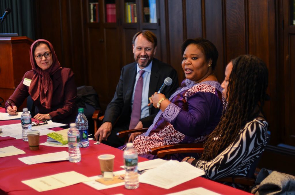 Liberian peace activist Leymah Gbowee speaks at the Religions and Practice of Peace Colloquium at Harvard Divinity School in October 2016. Shown, from left: Elizabeth Ruqaiyyah Lee-Hood, research associate; Jeffrey R. Seul, divinity school lecturer; Gbowee; and Melissa Bartholomew, co-founder of Women United for Peace Through Prayer. Courtesy of Harvard Divinity School | Photo by Laura Krueger