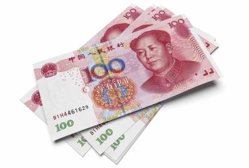 3D render of one hundred Yuan banknotes, all in sharp focus.