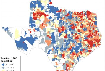 Texas Heart Disease Hospitalization by ZIP Code: Kyle Walker and Sean Crotty’s geographic distribution of age-adjusted hospitalization rates from 2006 shows high rates (red shades) in East and Northeast Texas, the Rio Grande Valley and West Texas, while lower rates (blue shades) are found in parts of Central and Northwest Texas. Courtesy of researchers