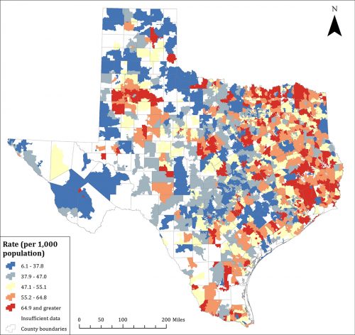 Texas Heart Disease Hospitalization by ZIP Code: Kyle Walker and Sean Crotty’s geographic distribution of age-adjusted hospitalization rates from 2006 shows high rates (red shades) in East and Northeast Texas, the Rio Grande Valley and West Texas, while lower rates (blue shades) are found in parts of Central and Northwest Texas. Courtesy of researchers