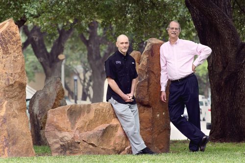 Mark Dennis, left, and Andrew Fort participate in a faculty mindfulness group at TCU. Photo by Carolyn Cruz