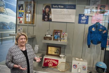 Valerie Neal '71, curator and chair of the Space History Department at the Smithsonian National Air and Space Museum, talks about an exhibit dedicated to physicist and astronaut Sally Ride. In 1983 Ride became the first American woman in space. Photo by Lisa Helfert
