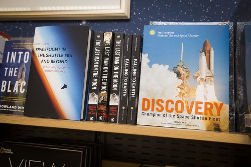 The Smithsonian National Air and Space Museum bookstore displays copies of books by Valerie Neal '71, curator and chair of the museum's Space History Department. Photo by Lisa Helfert