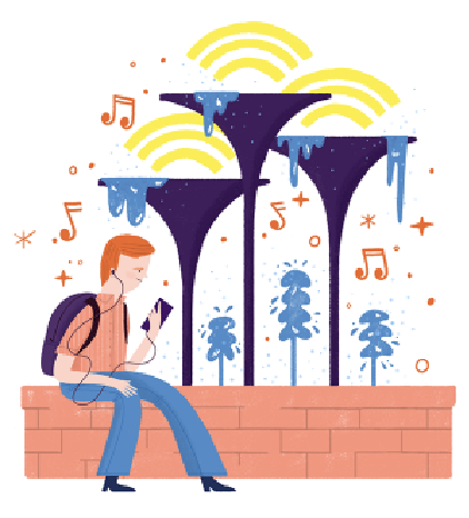 An illustration of a male student listening to music on his phone via head phones while sitting near Frog Fountain. Illustration by Mark Kate McDevitt