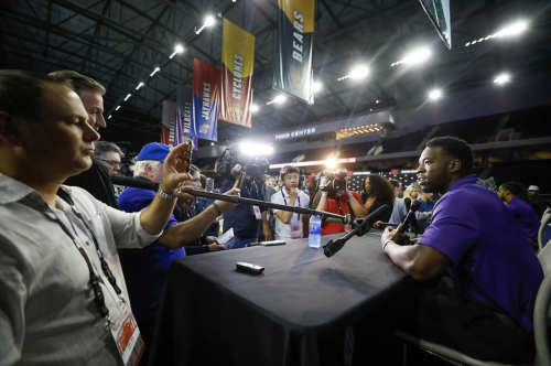 Ben Banogu speaks to media at the Big 12 Media Days. The defensive end said he values Shawn Robinson's short memory, charisma and his ability to shrug off mistakes and move on. Courtesy of TCU Athletics | Photo by Ellman Photography