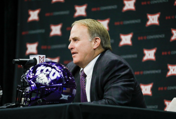 Coach Gary Patterson speaks to media at the Big 12 Media Days. Courtesy of TCU Athletics | Photo by Ellman Photography