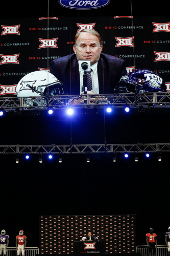 Coach Gary Patterson speaks to media at the Big 12 Media Days. Courtesy of TCU Athletics | Photo by Ellman Photography