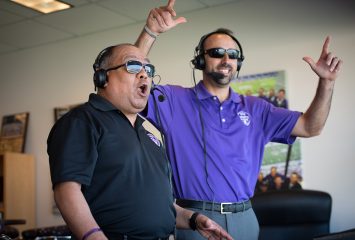Miguel Cruz (left) and Elvis Gallegos bring TCU football to Spanish speakers. Photo by Leo Wesson