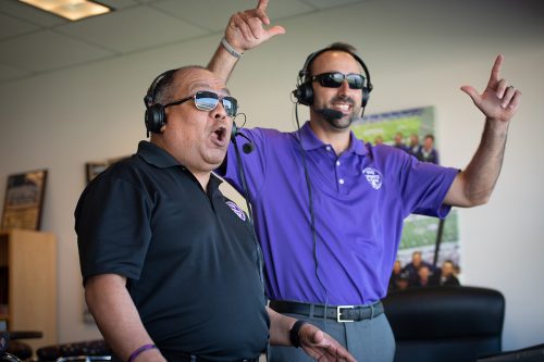 Miguel Cruz (left) and Elvis Gallegos bring TCU football to Spanish speakers. Photo by Leo Wesson