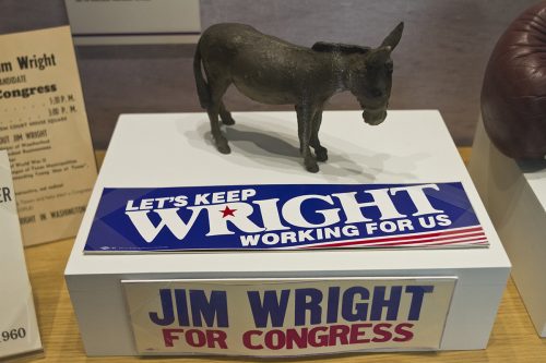 Bumper stickers and a Democratic Party donkey figurine are among the memorabilia with Wright’s papers in the Mary Couts Burnett Library’s Special Collections at TCU. Photo by Mark Graham