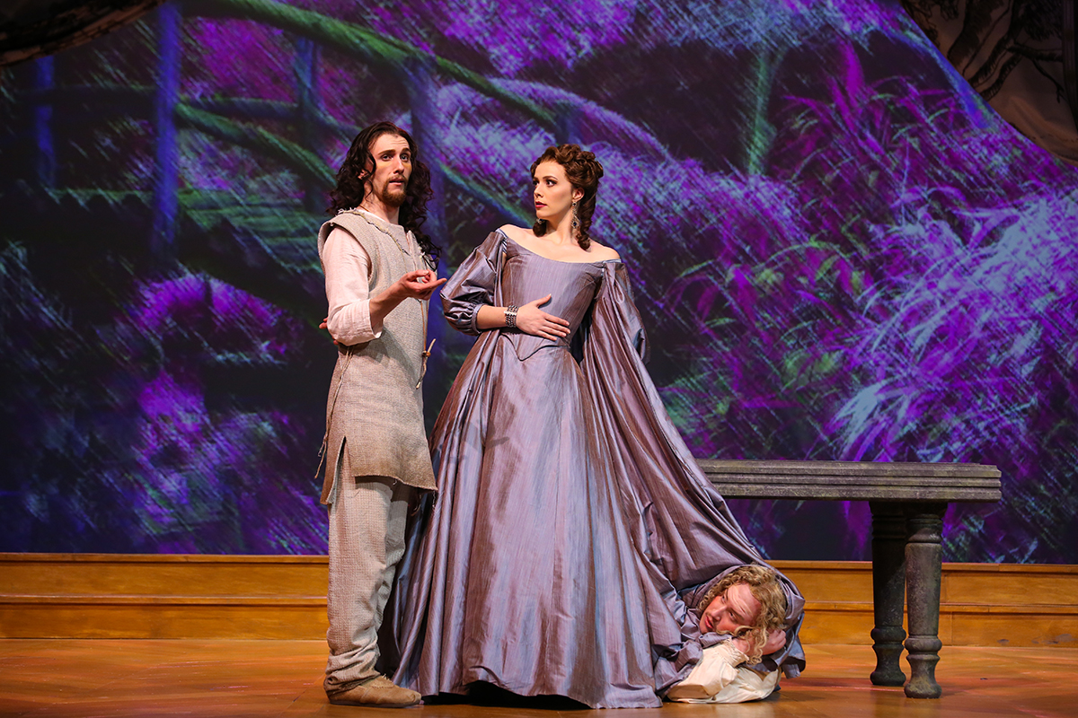 Scene from Theatre TCU's production of the Molière play Tartuffe, performed at Jerita Foley Buschman Theatre, February 27 through March 4, 2018. Shown, left to right: John Badar as Tartuffe, Mackenna Milbourn as Elmire and Matthew Parker (on the floor) as Ogon. Photo by Amy Peterson, March 3, 2018