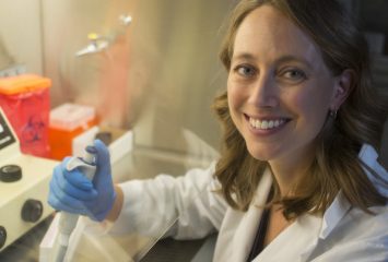 Shauna McGillivray, associate professor of biology, studies the deadly bacteria anthrax and believes it has an Achilles’ heel — one that could help researchers create a new antibiotic to defeat it as well as more common infections. Photo by Robert W. Hart