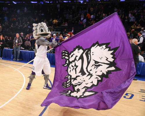 SuperFrog waves a banner at the NIT Final in 2017. Photo courtesy of TCU Athletics