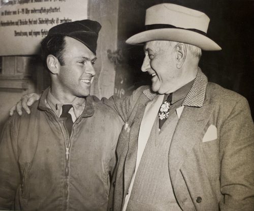 Lt. Amon Carter, Jr. with his father, Amon G. Carter after the younger Carter was released from a German prison camp in 1945. Amon G. Carter was a prominent Fort Worth figure and publisher of the Star-Telegram. His archival papers are in Special Collections. Courtesy of the Mary Couts Burnett Library's Special Collections