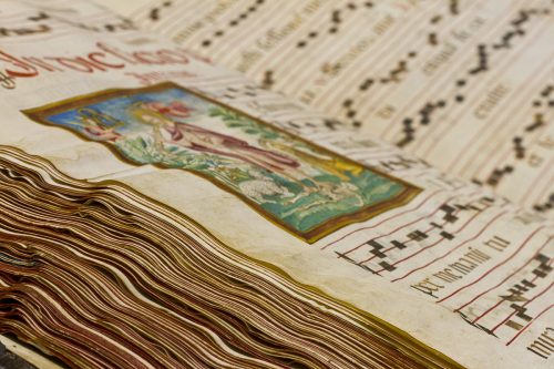 Detail of the 17th century Mixson-Colquitt Gradual that is in the rare books special collection at the TCU Library. It was donated by Dr. Catherine Colquitt in memory of her parents, former TCU faculty Betsy and Landon Colquitt and in honor of Linda and Keith Mixson. Photo by Mark Graham