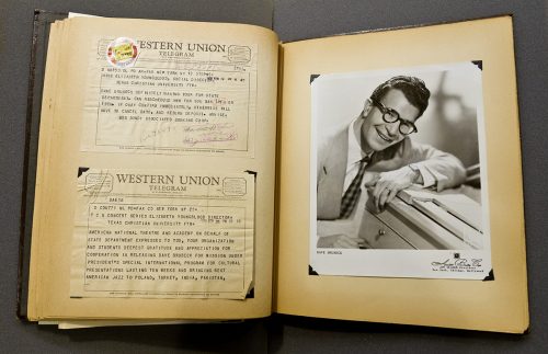 Western Union telegrams tell about Dave Brubeck concert stops at TCU and elsewhere 1958. The scrapbook is part of the Special Collections at TCU's Mary Couts Burnett Library. Photo by Mark Graham