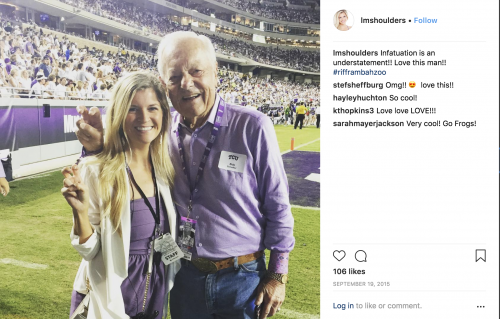 Lindsay Westbrook and Bob Schieffer share a moment on the sidelines at a TCU game. Photo courtesy of Lindsay Westbrook