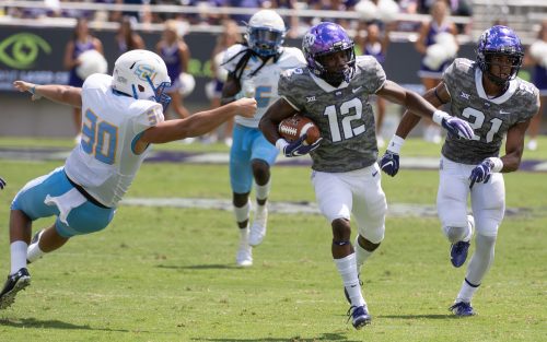 TCU true freshman wide receiver Derius Davis was named the Big 12 Co-Newcomer of the Week for his efforts in the Sept, 1 win over Southern 55-7. Davis, from St. Francisville, La., had three receptions for 49 yards, including a 12-yard touchdown, while also returning a punt 73 yards for a score. Photo by Glen E. Ellman