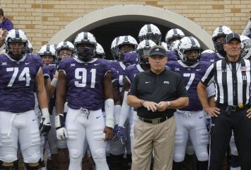 Head Coach Gary Patterson prepares to lead the Horned Frogs onto the field as TCU hosts OU earlier this month. The Horned Frogs travel to Kansas to meet the Jayhawks on Saturday. Photo by Rodger Mallison