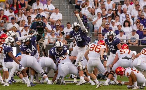 Ben Banogu (#15) defends a play during the Sept. 29 game against Iowa State. TCU won 17-14. Photo by Glen E. Ellman