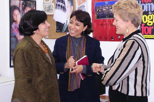 Swanee Hunt with Palestinian leader Zahira Kamal, left, and Guatemalan scholar and activist Luz Mendez during a trip to the Middle East in 2003. Courtesy of Swanee Hunt