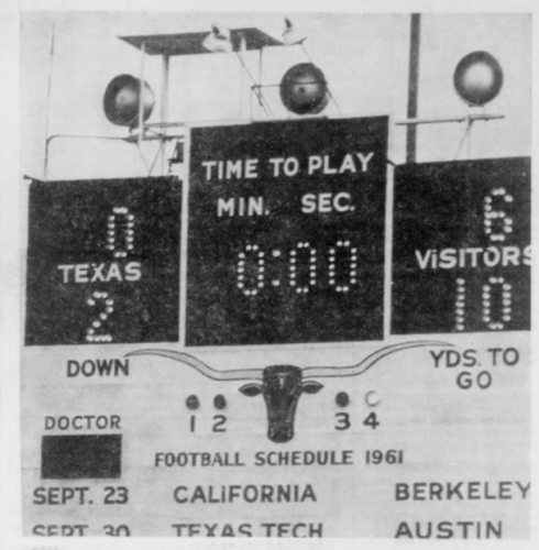 After the victory over the Longhorns, The Skiff’s sports section included a photo of the scoreboard in Austin, Texas. Courtesy of TCU Archives