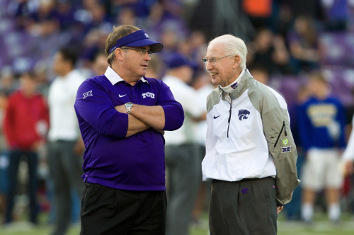 TCU Coach Gary Patterson and Kansas State Coach Bill Snyder chat at a 2015 football game. Courtesy of TCU Athletics