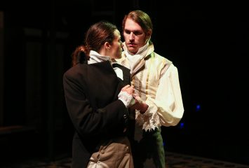Kelsey Milbourn (left) as Viola and Garret Storms (right) as Orsino in a dress rehearsal for Trinity Shakespeare's production of Twelfth Night. Photo by Amy Peterson