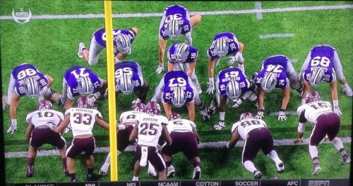 A screen capture of Kansas State in formation against Texas A&M. Game footage is copyright ESPN.