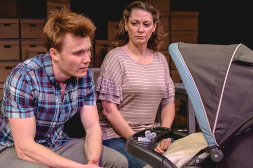 TCU student Quinn Moran as Peter (left) perfects his role as a young drug-addicted father in a scene with Krista Scott, associate professor of theatre. Courtesy of Circle Theatre | photo by Circle Theatre executive director Tim Long