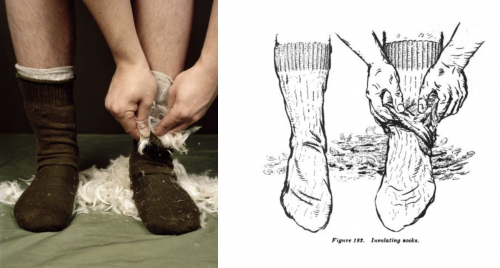 Nicholas Bontrager's modern adaptation (left, courtesy of Nicholas Bontrager) and the original Figure 183: Insulating socks from U.S. Army field manual (FM) 21-76, Survival, published October 25, 1957 (right, Public Domain).