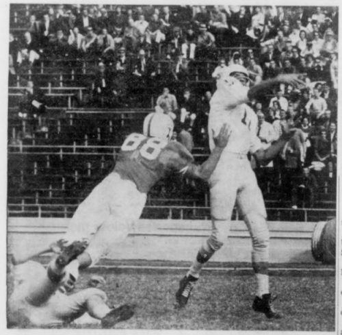 The Skiff’s sports section included photos of the scoreboard in Austin, Texas, and a pass from quarterback Sonny Gibbs to Buddy Iles. On the next play, the duo again connected for a landmark touchdown — the only points scored during the game. Courtesy of TCU Archives