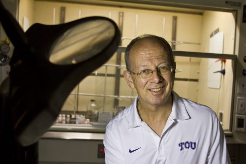 Jeffrey Coffer, professor of chemistry at TCU, worked for years trying to find a way to "etch" holes in silicon materials to allow such things as drugs to be packed into them for delivery to the body. Photo by Mark Graham