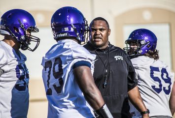 Zarnell Fitch rallies the defensive line. Courtesy of TCU Athletics