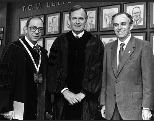 TCU Chancellor William E. Tucker with Vice President George H. W. Bush and TCU Chair of the Board of Trustees Bayard Friedman on campus in 1983. Courtesy of TCU Archives.