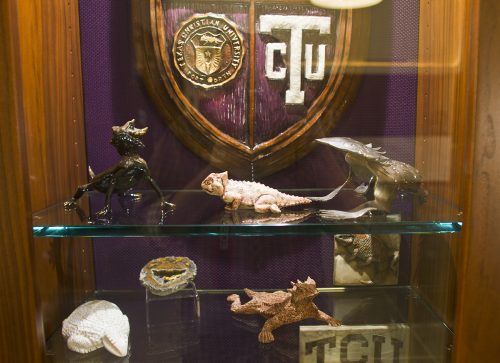 Some of Dee J. Kelly's memorabilia is on display in the Kritser Lobby and Atrium. Photo by Mark Graham
